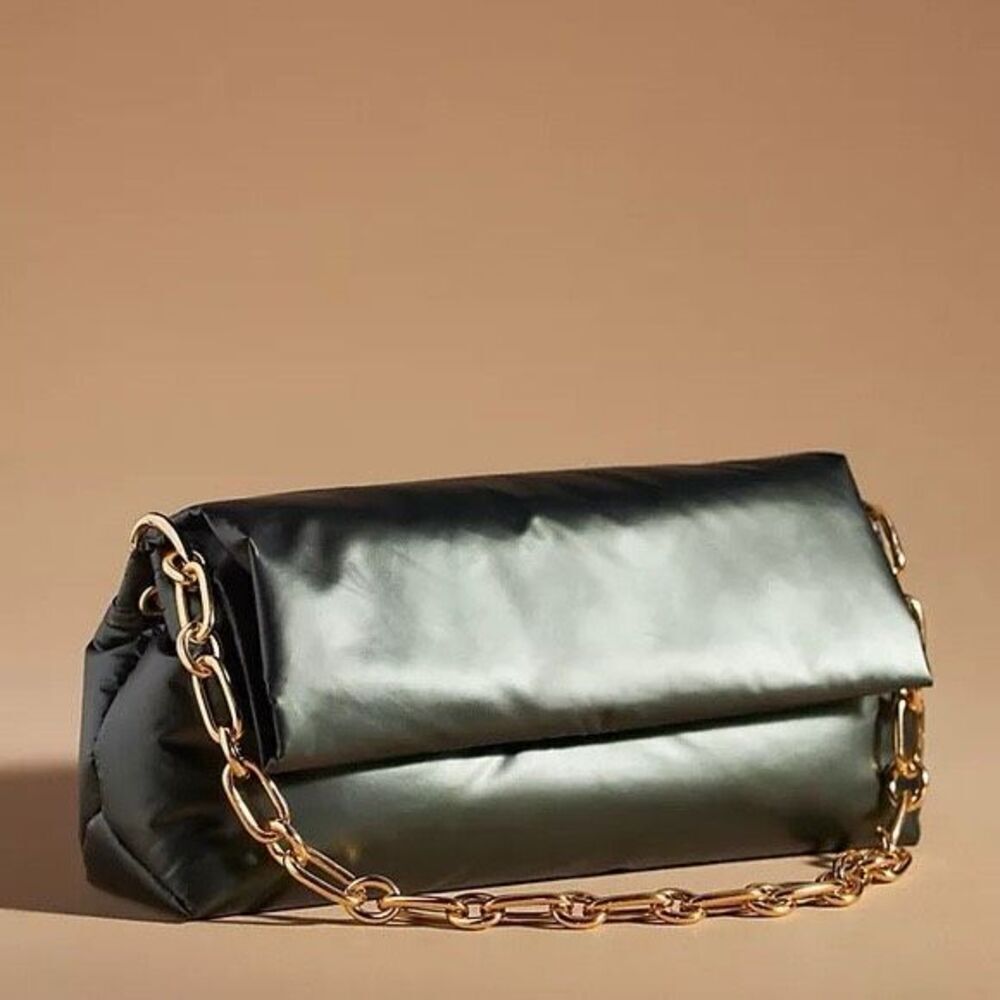 NWT Anthropologie Metallic Green Puff Shoulder Bag